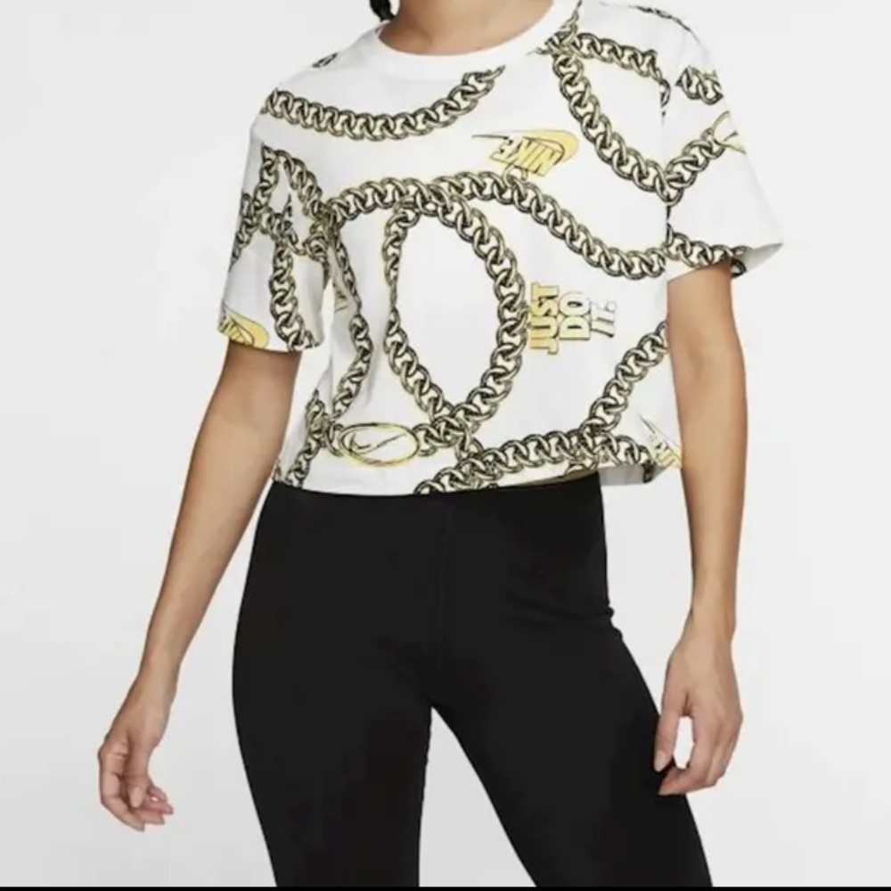 Nike Glam Dunk Women Cropped Tee Top White Gold Chain Print CI9355 100‎ - XS